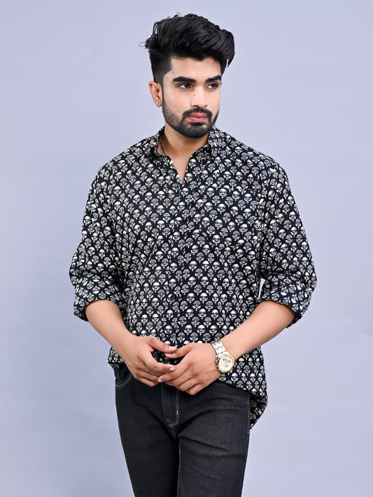 Jaipuri Sanganeri Black Block Printed Cotton Shirt For Men