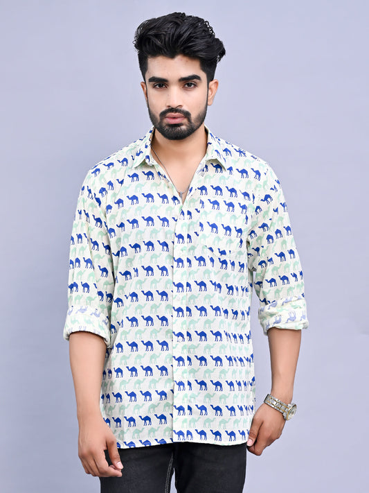 Jaipuri Sanganeri Blue Camel Printed Cotton Shirt For Men