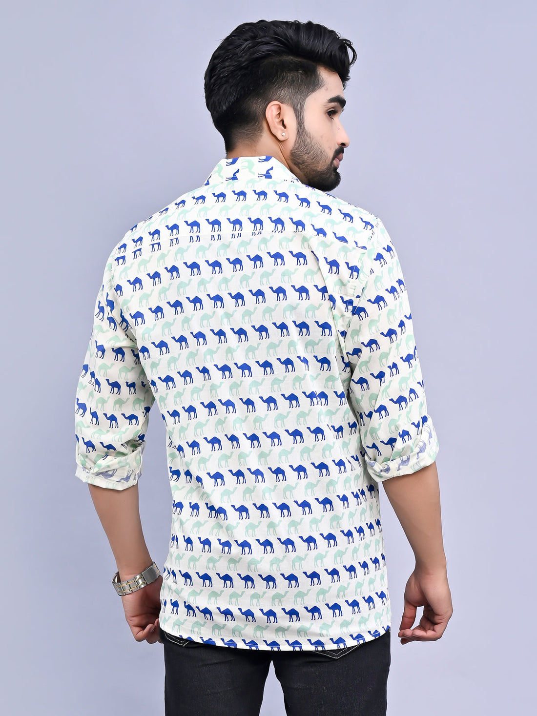 Jaipuri Sanganeri Blue Camel Printed Cotton Shirt For Men