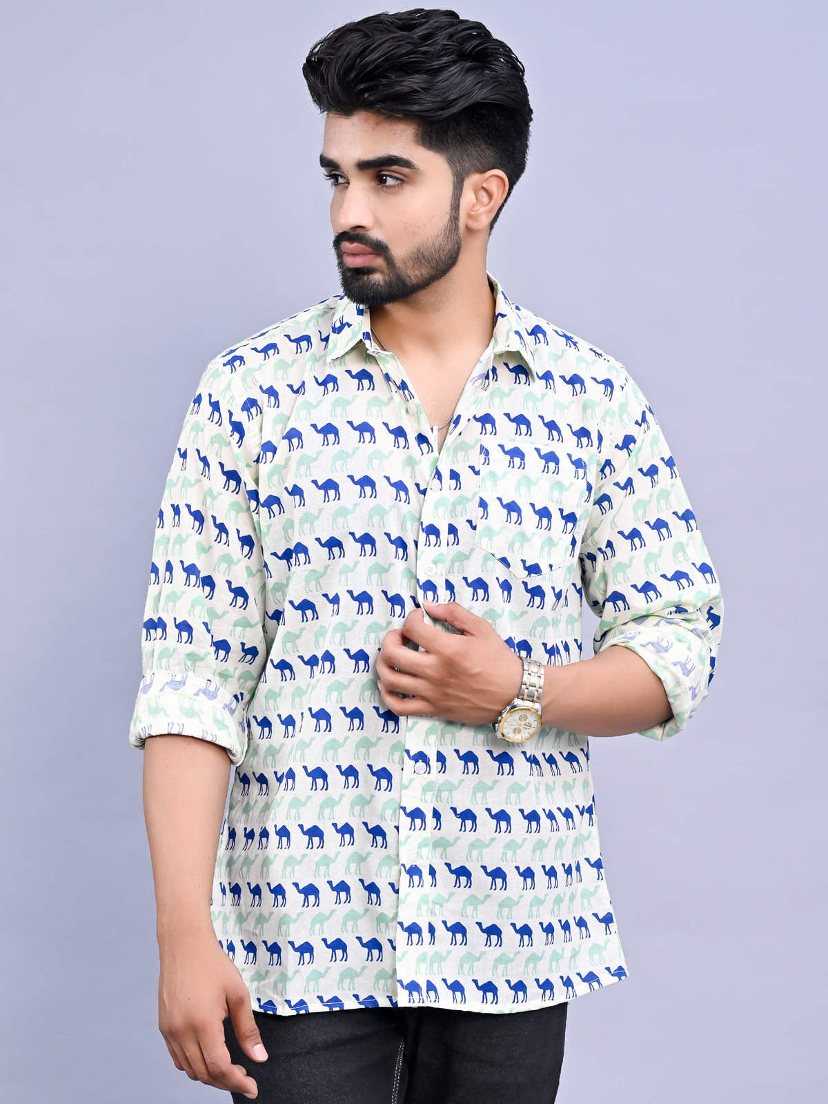 Jaipuri Sanganeri Blue Camel Printed Cotton Shirt For Men