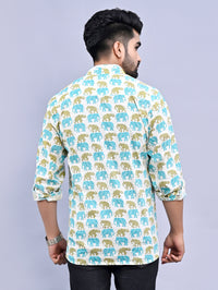 Jaipuri Sanganeri Cyan Elephant Printed Cotton Shirt For Men