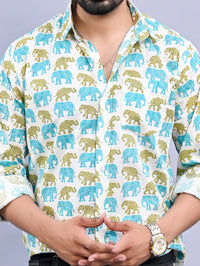 Jaipuri Sanganeri Cyan Elephant Printed Cotton Shirt For Men