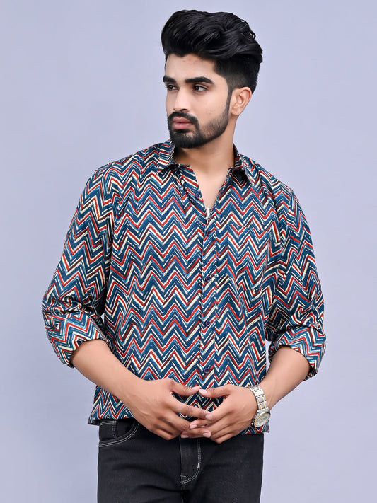 Jaipuri Sanganeri Multicolor striped Printed Cotton Shirt For Men