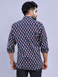 Jaipuri Sanganeri Navy Blue Floral Printed Cotton Shirt For Men