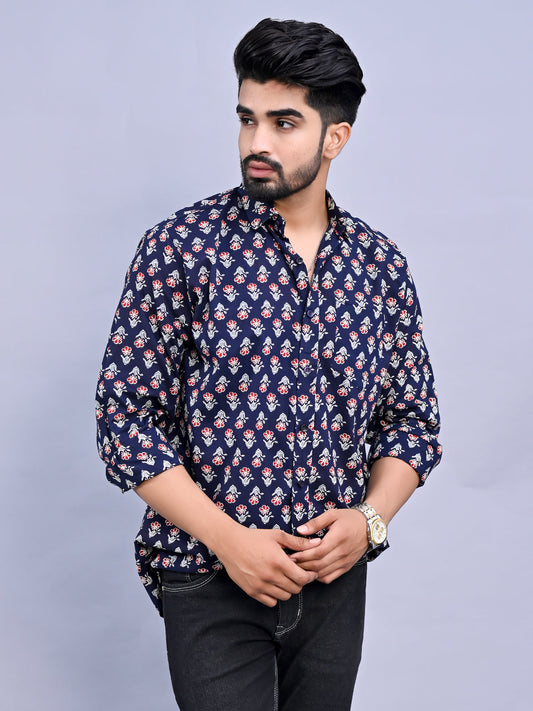 Jaipuri Sanganeri Navy Blue Floral Printed Cotton Shirt For Men