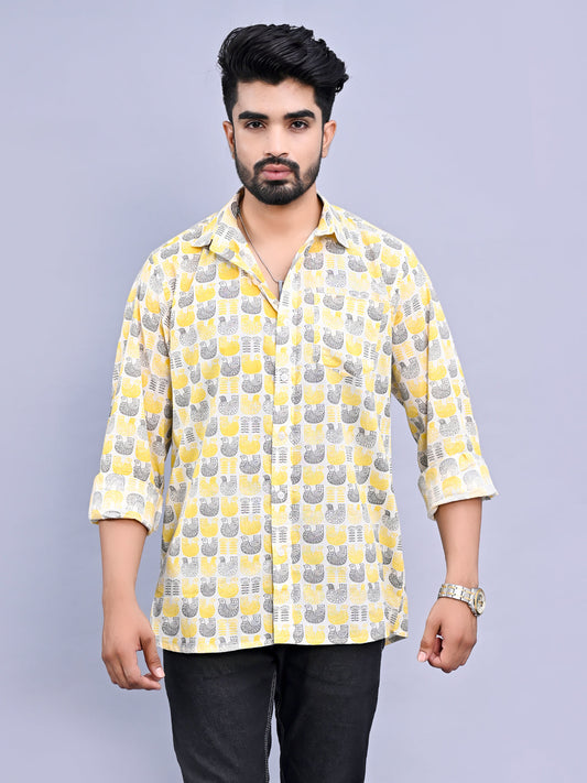 Jaipuri Sanganeri Yellow Bird Printed Cotton Shirt For Men