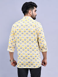 Jaipuri Sanganeri Yellow Bird Printed Cotton Shirt For Men