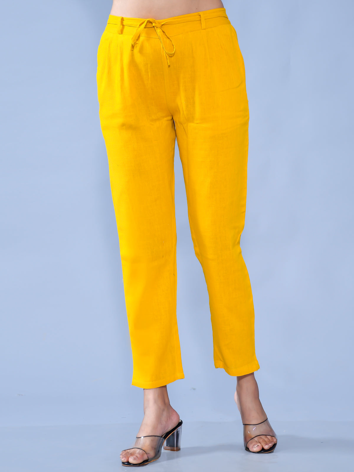 Women Regular Fit Mustard Cotton Slub Trouser