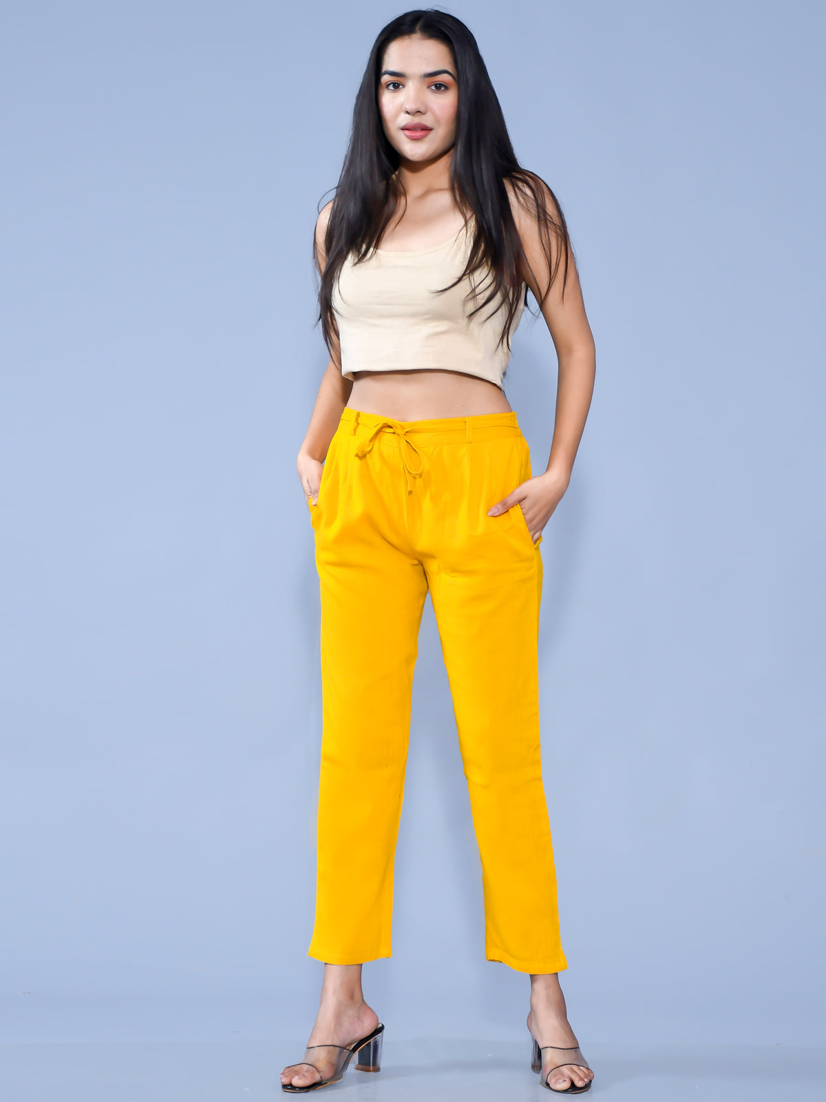 Women Regular Fit Mustard Cotton Slub Trouser