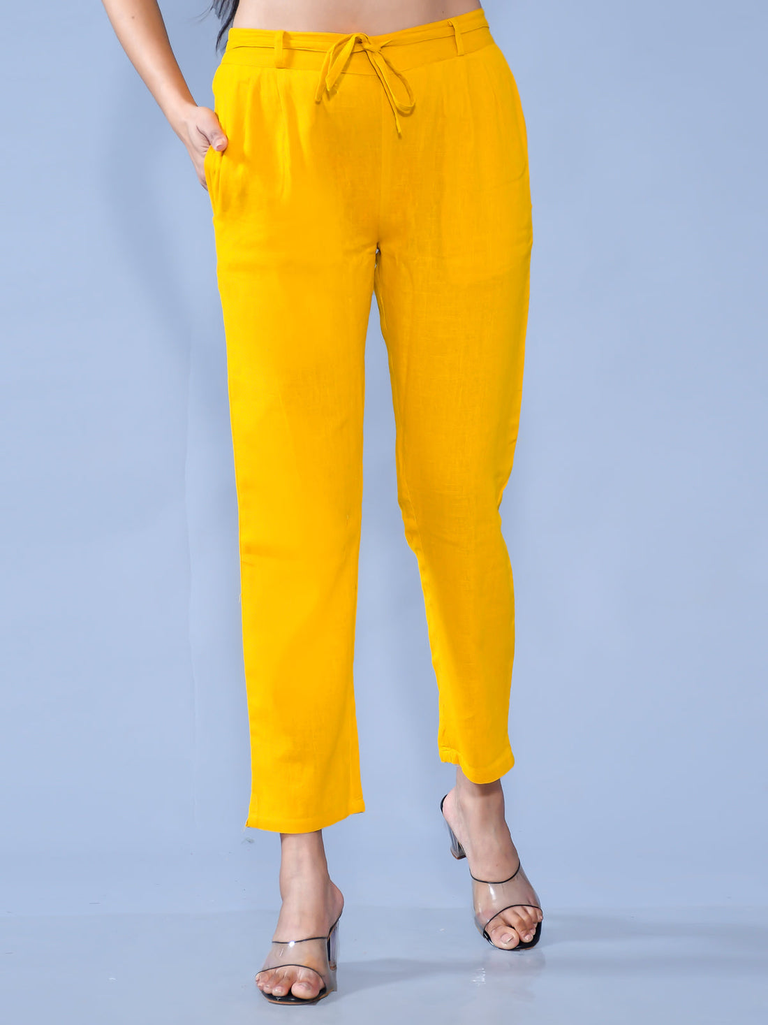 Pack Of 2 Womens Regular Fit Mustard And Blue Cotton Slub Belt Pant Combo