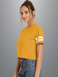 Womens Solid Mustard Cotton Crop Top With Designer White Stripe