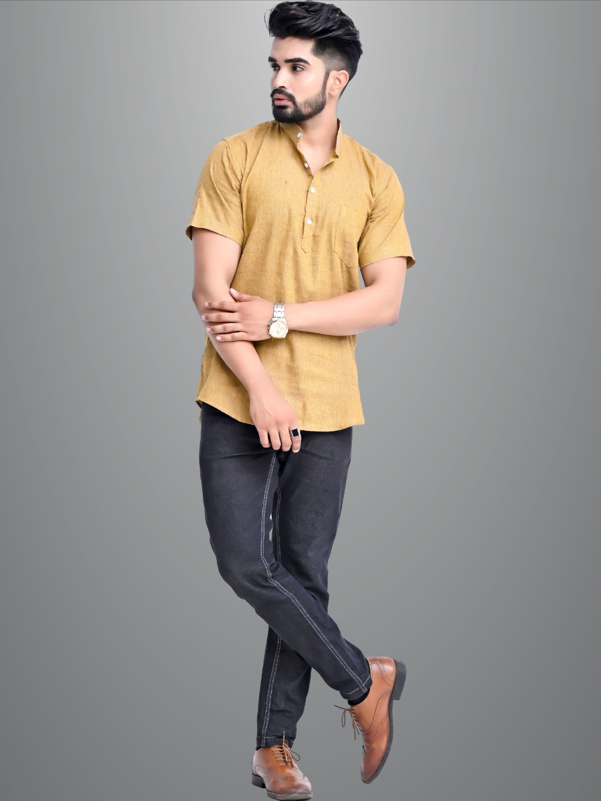 Mens Regular Fit Mustard and Dark Purple Half Sleeve Cotton Short Kurta Combo