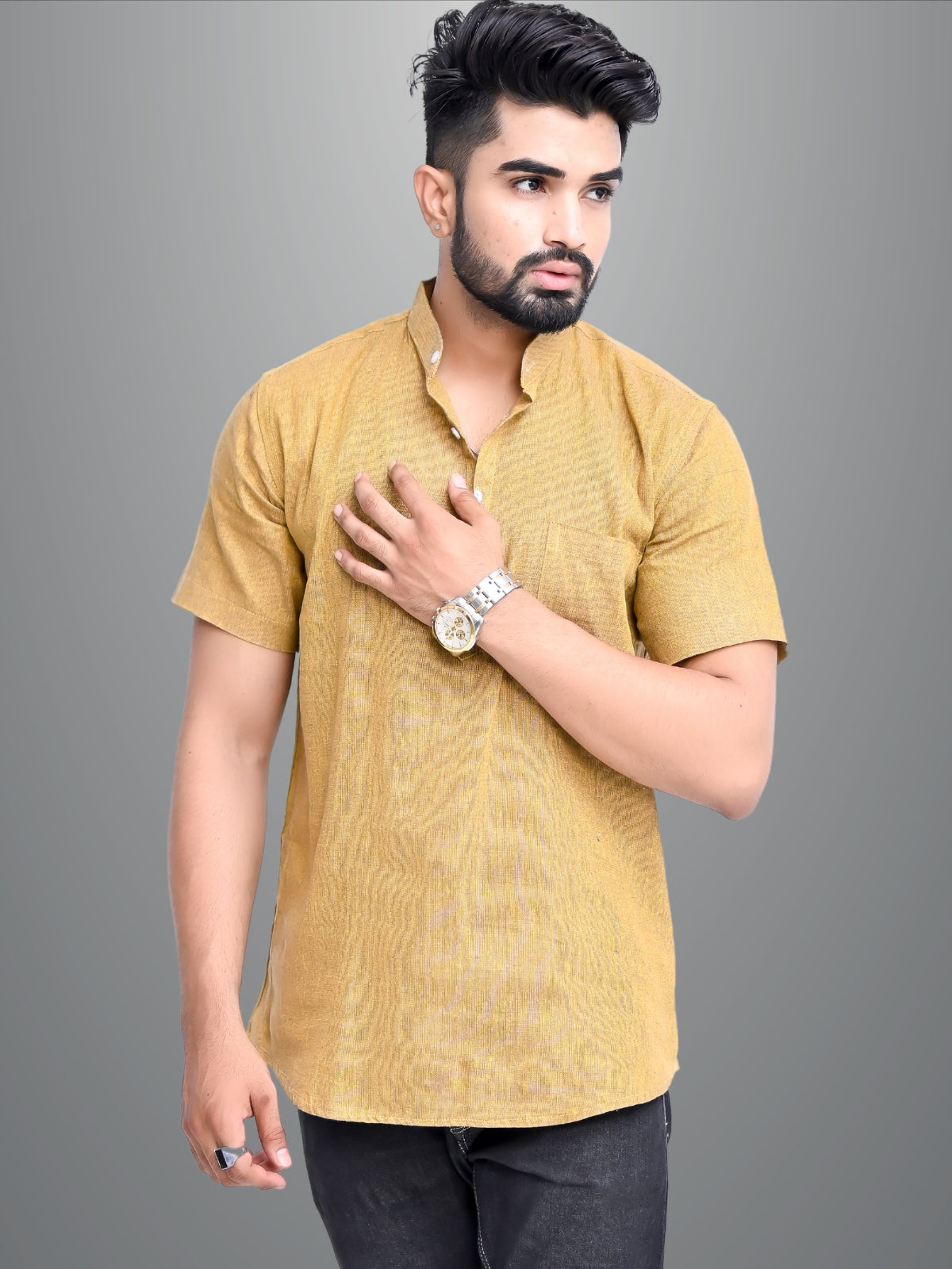 Mens Regular Fit Mustard and Parrot Green Half Sleeve Cotton Short Kurta Combo