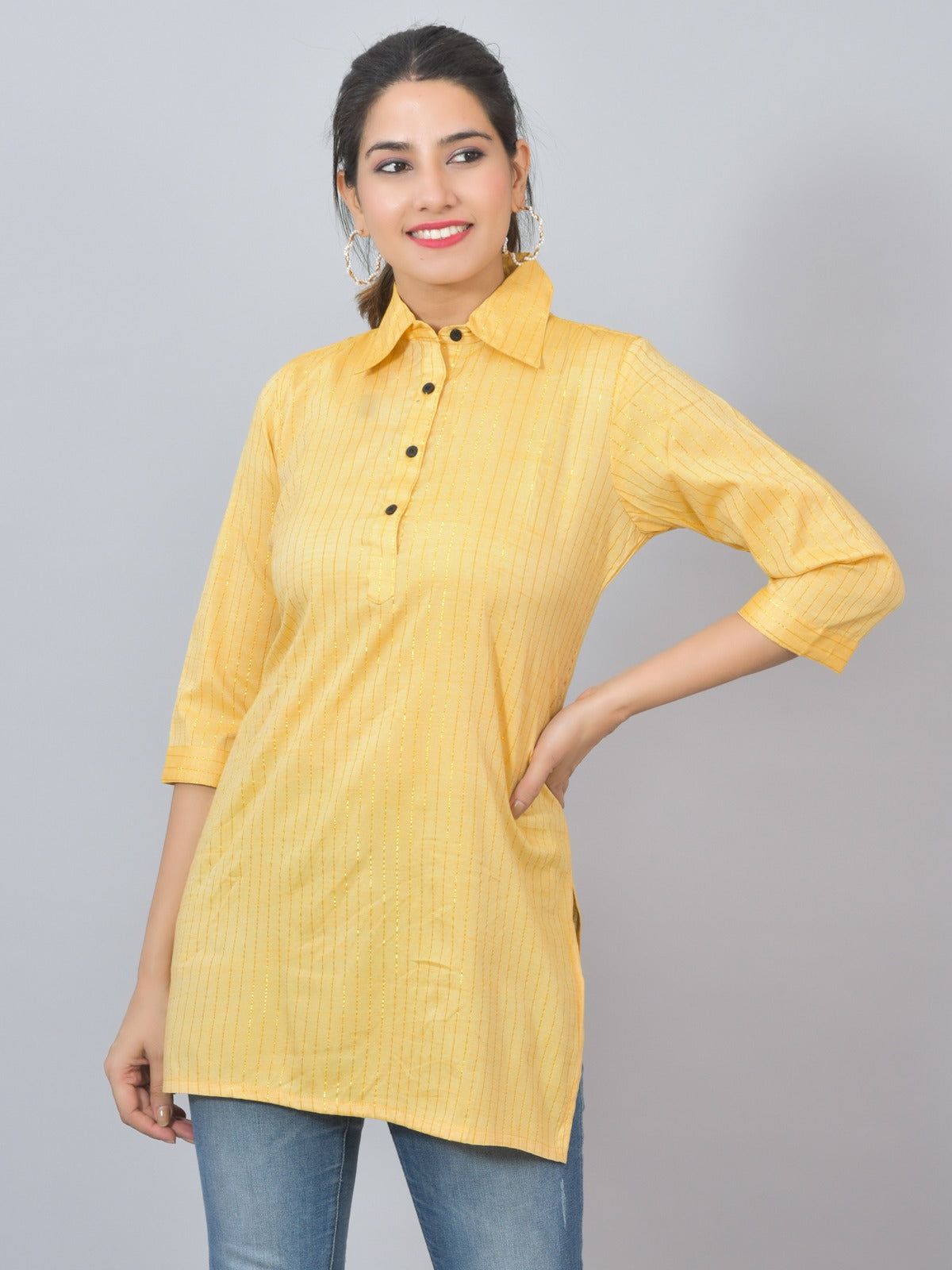 Womens Mustard Lurex Striped Spread Collar Short Kurti