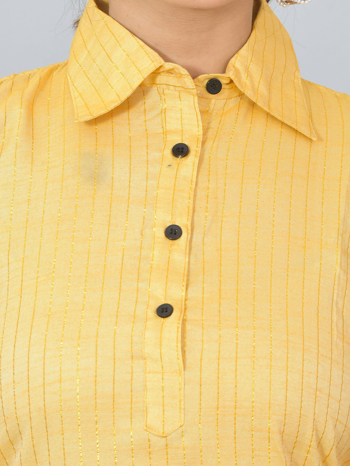 Womens Mustard Lurex Striped Spread Collar Short Kurti