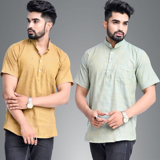 Mens Regular Fit Mustard and Ocian Blue Half Sleeve Cotton Short Kurta Combo