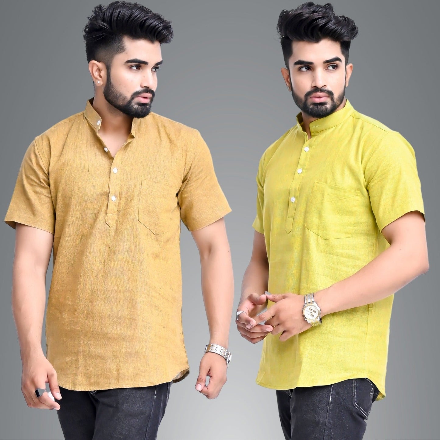 Mens Regular Fit Mustard and Parrot Green Half Sleeve Cotton Short Kurta Combo