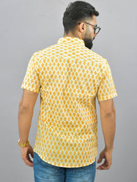 Mens Regualr Fit Half Sleeves Mustard Floral Printed Cotton Shirt