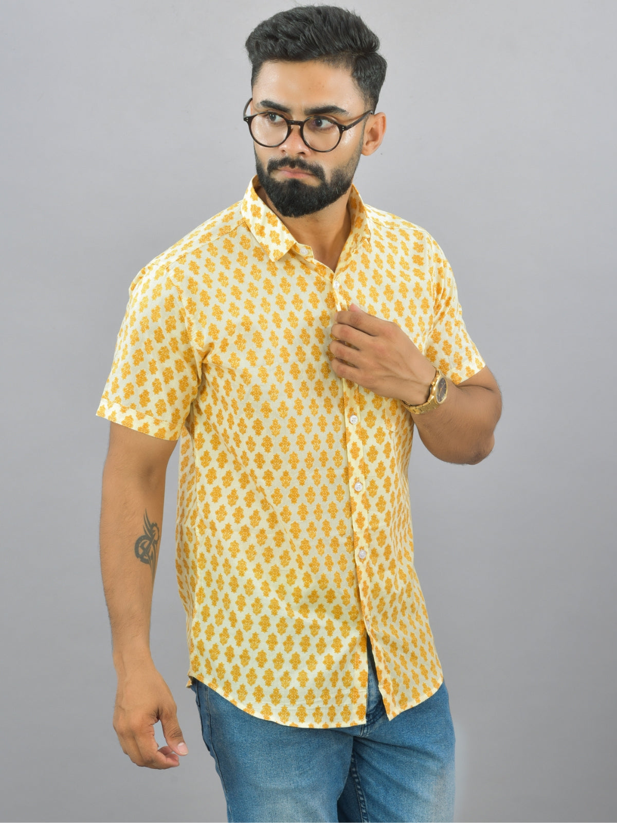 Mens Regualr Fit Half Sleeves Mustard Floral Printed Cotton Shirt