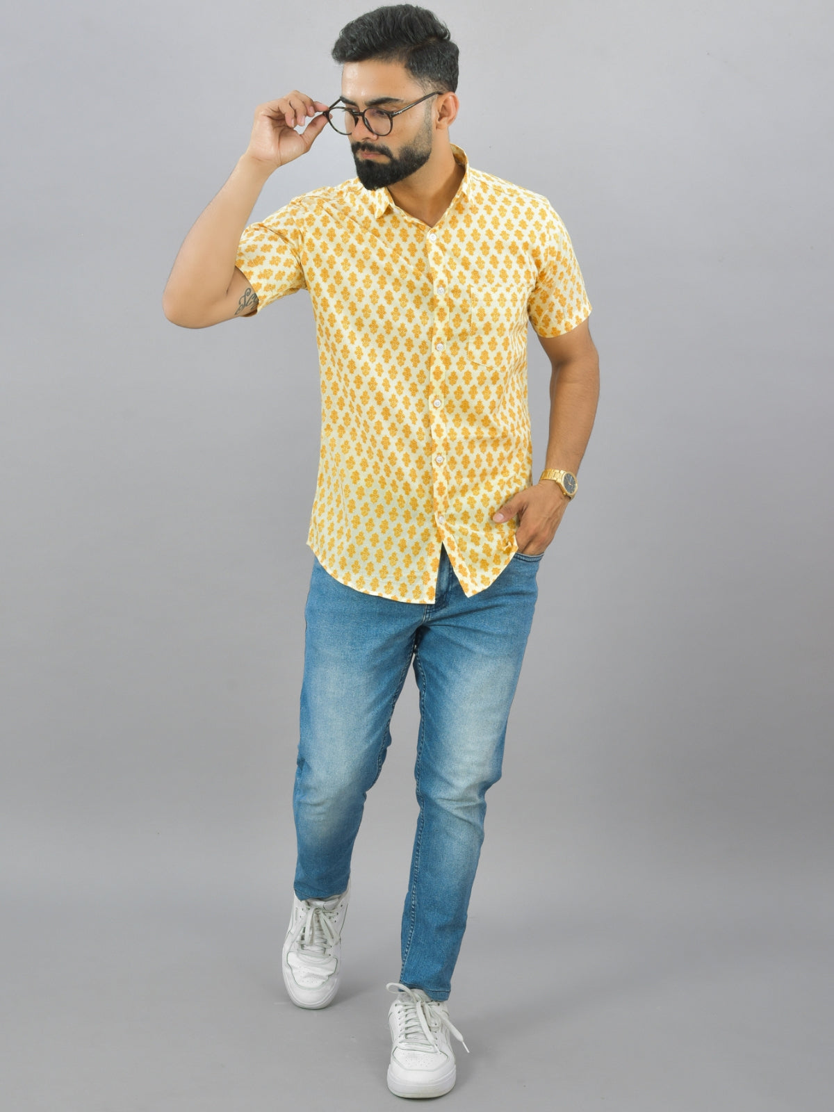 Mens Regualr Fit Half Sleeves Mustard Floral Printed Cotton Shirt