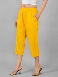 Women Solid Mustard Rayon Calf Length Culottes Trouser