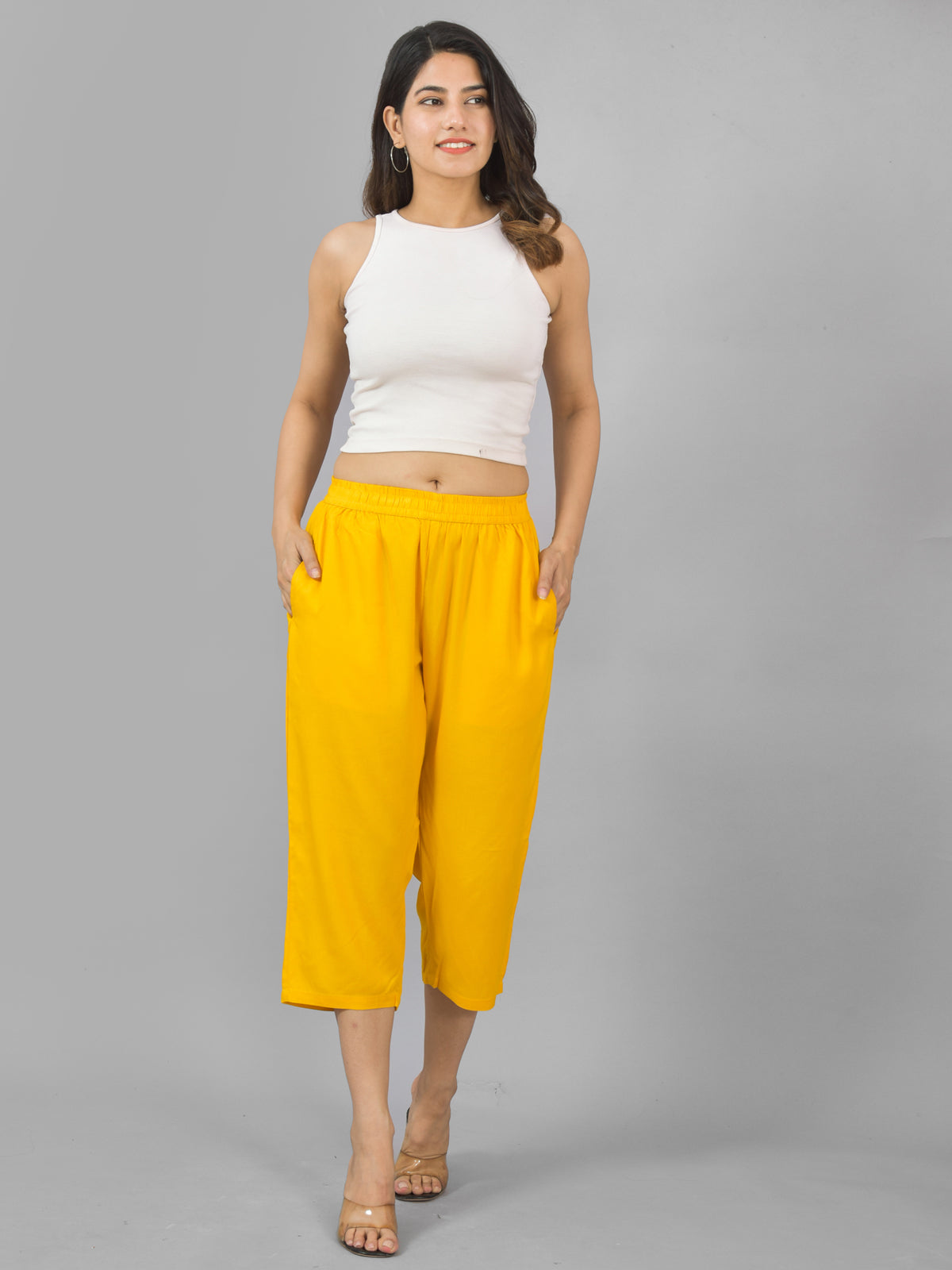 Pack Of 2 Womens Mustard And Rani Pink Calf Length Rayon Culottes Trouser Combo