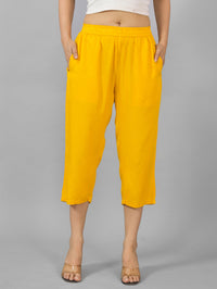 Women Solid Mustard Rayon Calf Length Culottes Trouser
