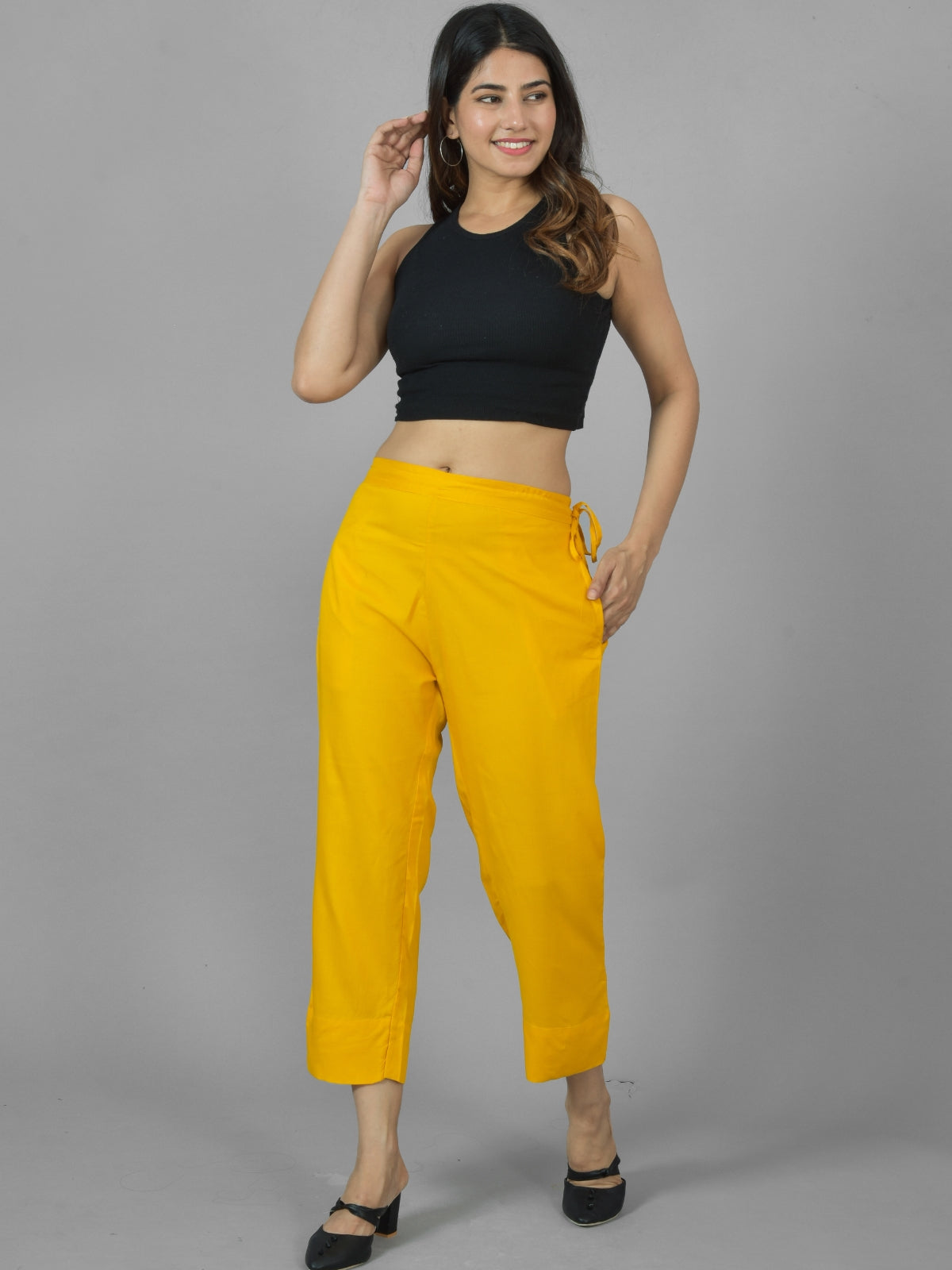 Women Solid Mustard Rayon Culottes Trouser