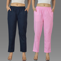 Pack Of 2 Womens Navy Blue And Pink Deep Pocket Fully Elastic Cotton Trouser