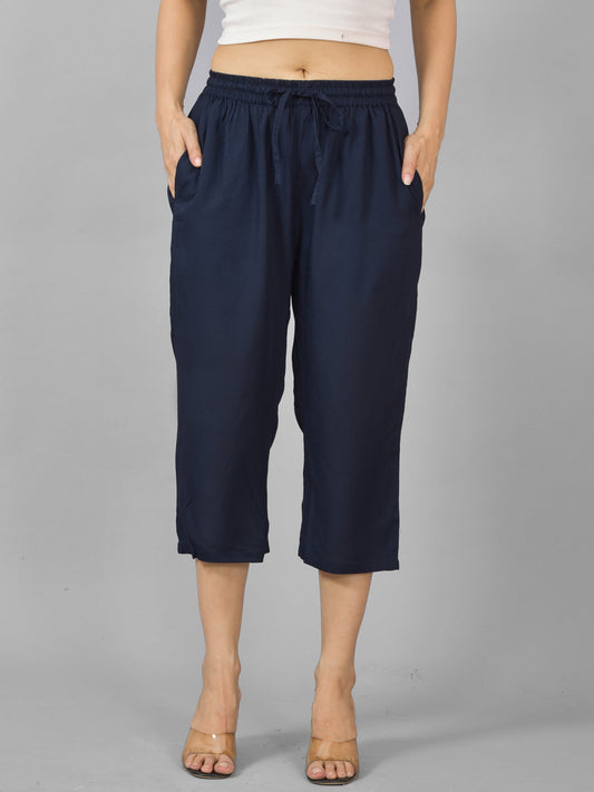 Women Solid Navy Blue Rayon Calf Length Culottes Trouser
