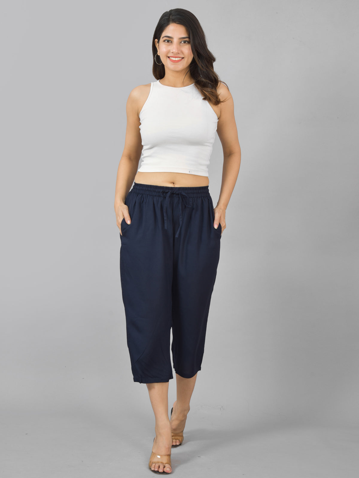 Pack Of 2 Womens Navy Blue And Rani Pink Calf Length Rayon Culottes Trouser Combo