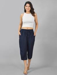 Pack Of 2 Womens Navy Blue And White Calf Length Rayon Culottes Trouser Combo