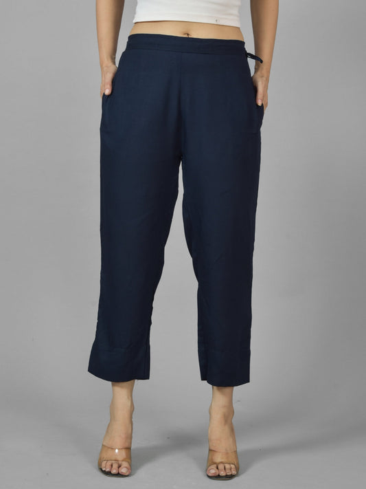 Women Solid Navy Blue Rayon Culottes Trouser