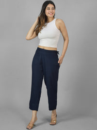 Pack Of 2 Womens Navy Blue And White Ankle Length Rayon Culottes Trouser Combo