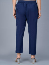 Women's Navy Blue Regular Fit Elastic Cotton Trouser
