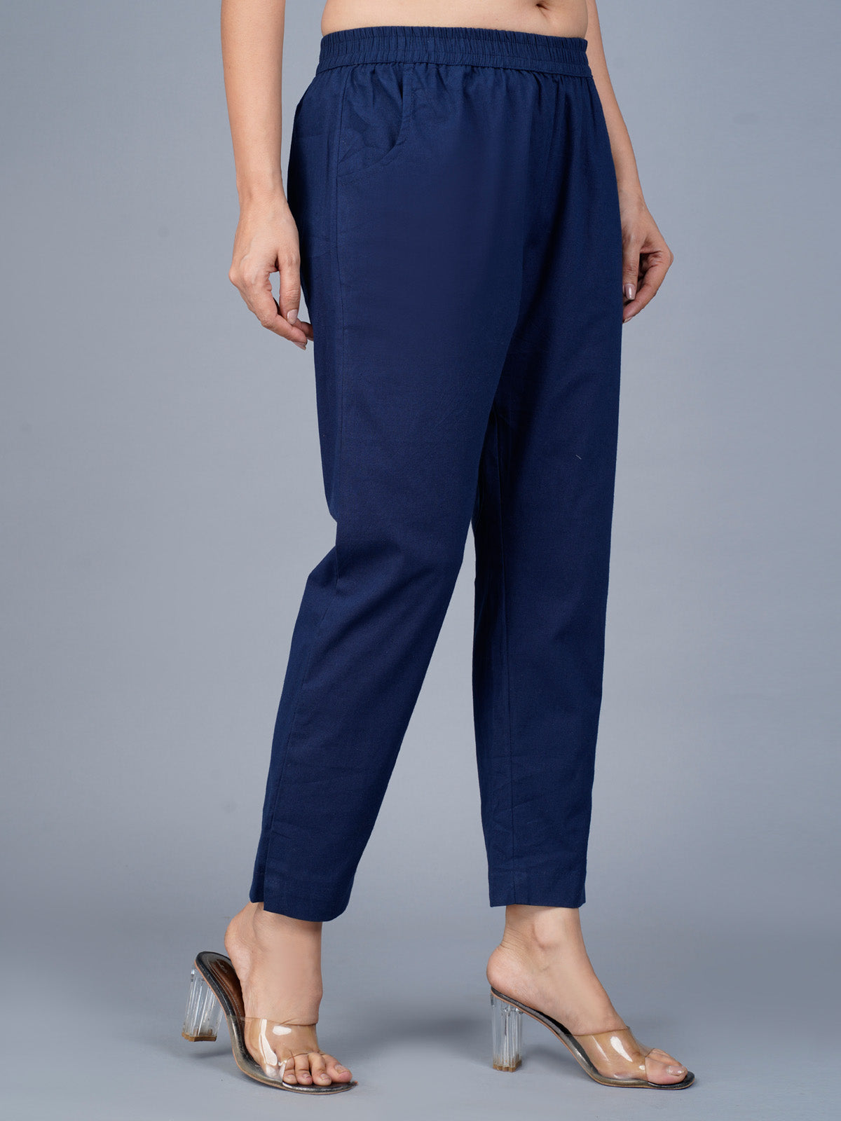 Women's Navy Blue Regular Fit Elastic Cotton Trouser