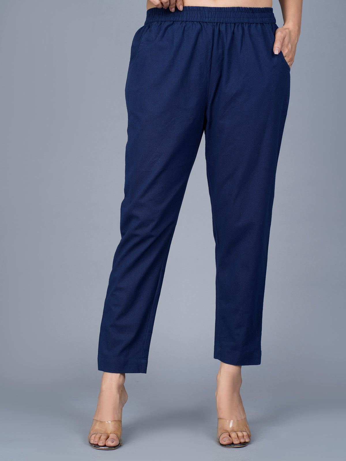 Pack Of 2 Womens Regular Fit Brown And Navy Blue Fully Elastic Waistband Cotton Trouser