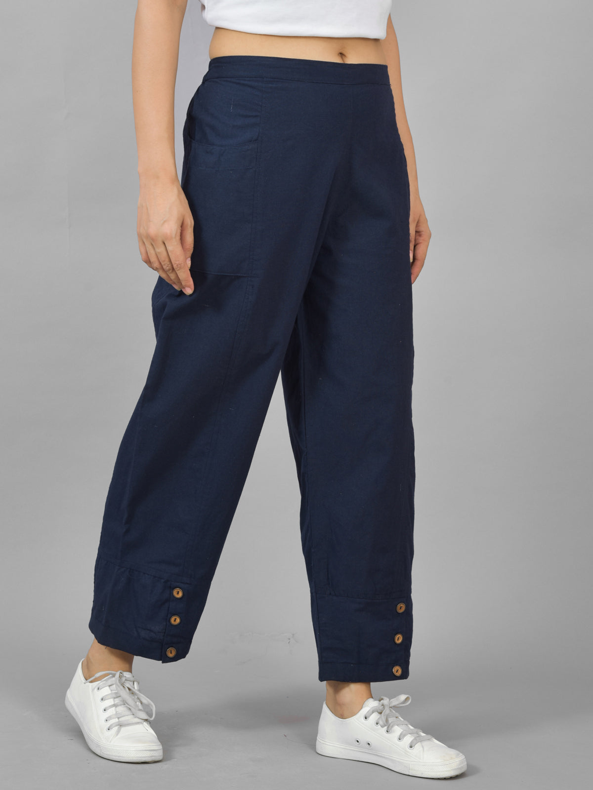 Womens Navy Blue Side Pocket Pure Cotton Straight Cargo Pant