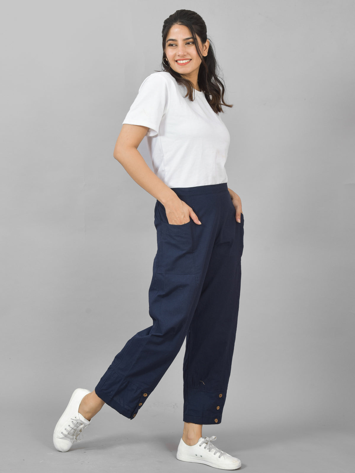Womens Navy Blue Side Pocket Pure Cotton Straight Cargo Pant