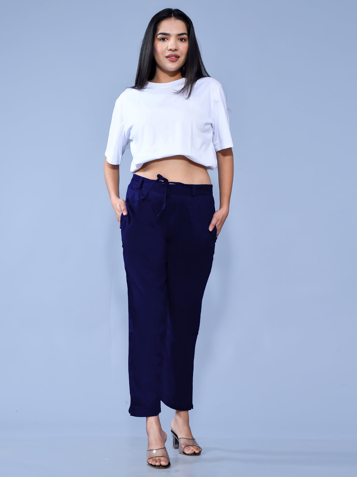 Pack Of 2 Womens Regular Fit Navy Blue And White Cotton Slub Belt Pant Combo