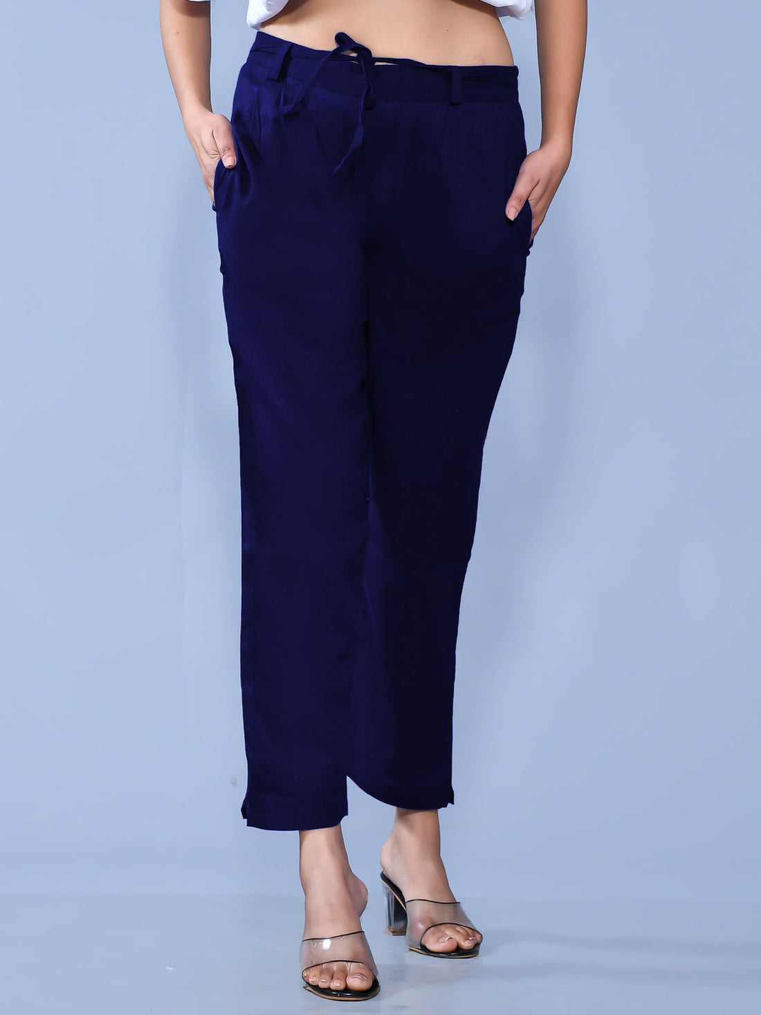 Pack Of 2 Womens Regular Fit Navy Blue And Rani Pink Cotton Slub Belt Pant Combo