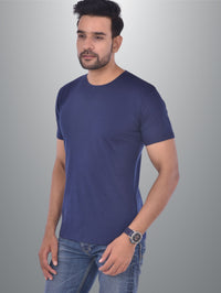 Mens Solid Round Neck  Half Sleeve Cotton Blend Navy Blue T-shirt