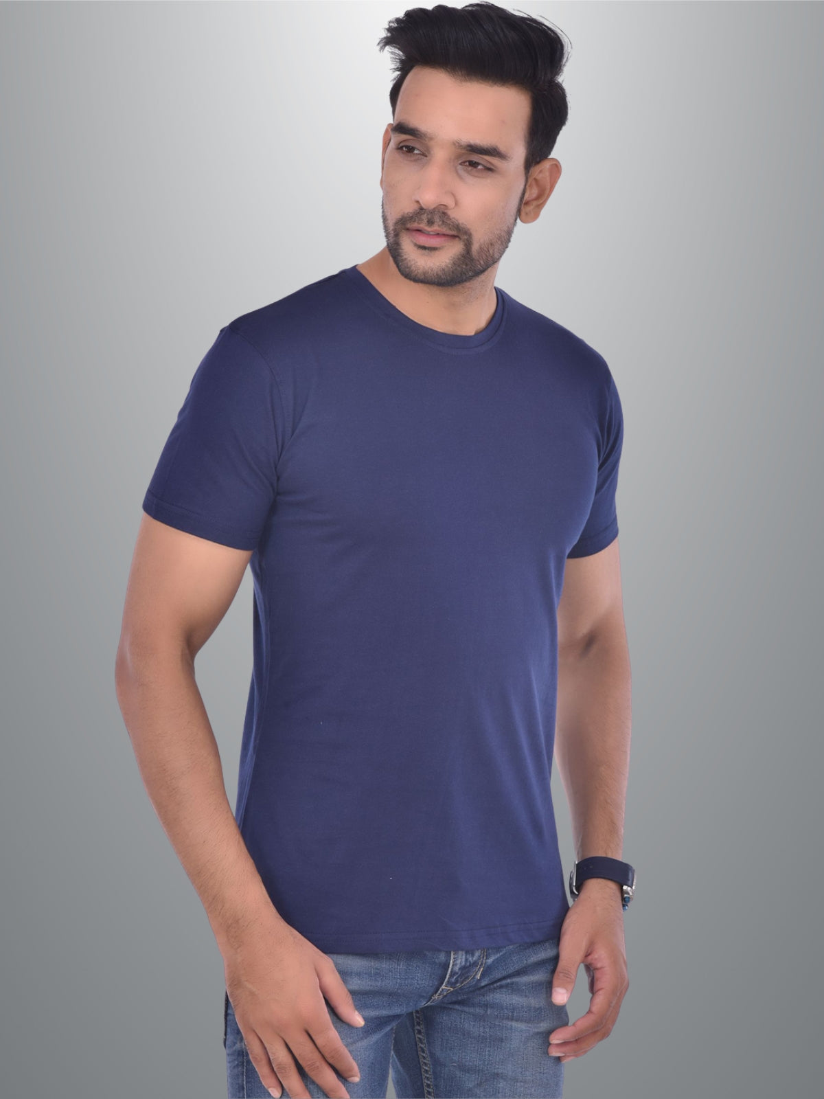 Mens Solid Round Neck  Half Sleeve Cotton Blend Navy Blue T-shirt