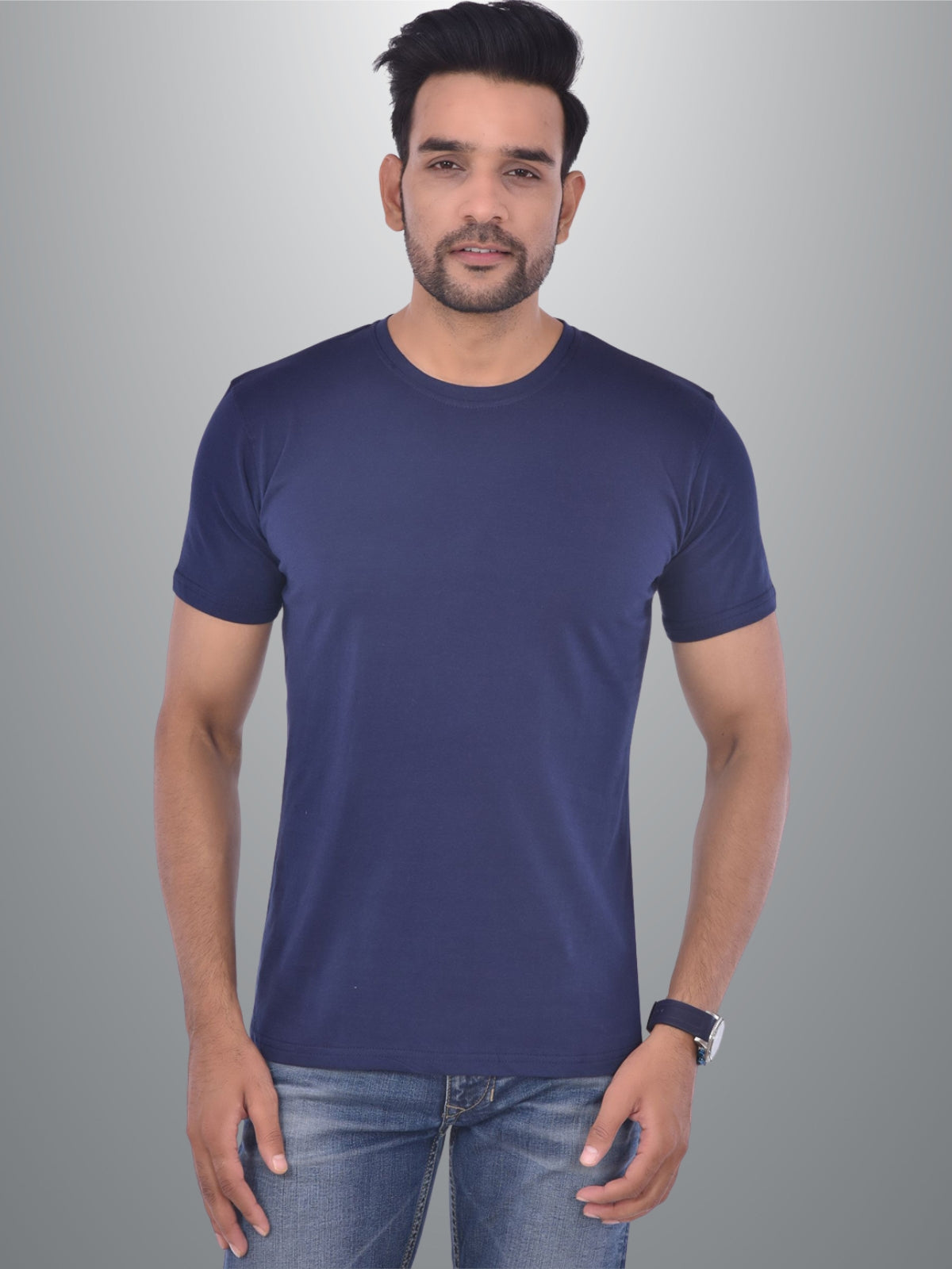 Mens Solid Round Neck  Half Sleeve Cotton Blend Navy Blue T-shirt