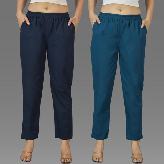 Pack Of 2 Womens Navy Blue And Teal Blue Deep Pocket Fully Elastic Cotton Trouser