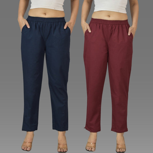 Pack Of 2 Womens Navy Blue And Wine Deep Pocket Fully Elastic Cotton Trouser