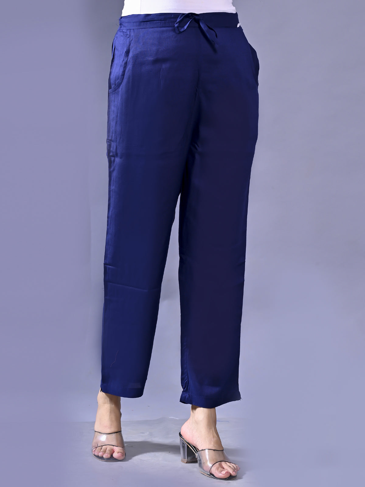 Women Regular Fit Navy Blue Rayon Trouser