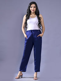 Women Regular Fit Navy Blue Rayon Trouser