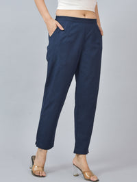 Women Regular Fit Deep Pocket Solid Navy Blue Half Elastic Cotton Pants