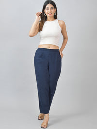 Pack Of 2 Womens Half Elastic Navy Blue And White Deep Pocket Cotton Pants